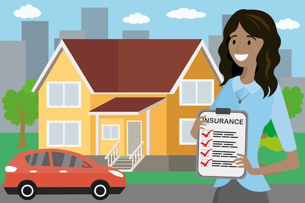 African american woman with insurance document red modern car and house on background