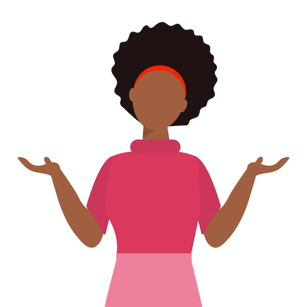 African American woman with shrug. Oops, I don't know. Sorry. Vector illustration