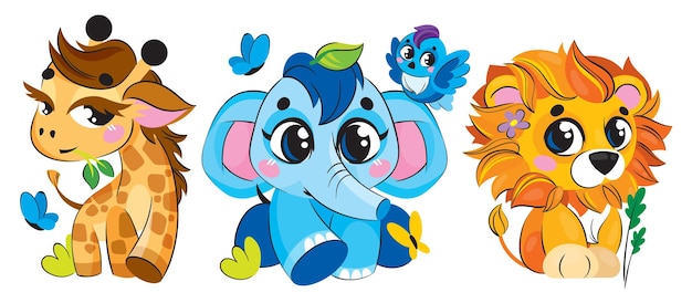 African animal children's illustration with cute little lion girf elephant and bird