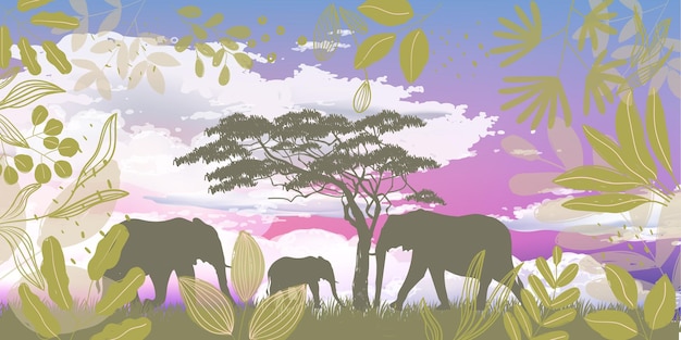 Vector african animal safari group of elephants walk trough the savanah jungle silhouette vector design