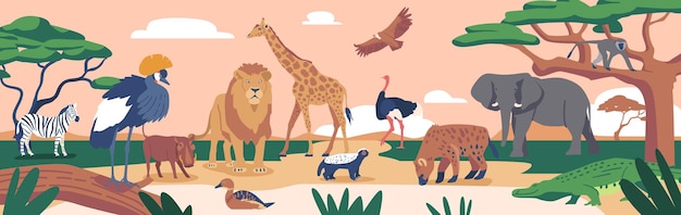 African Animals and Birds in Savannah Landscape Crowned Crane Zebra Lion and Boar Giraffe Duck Honey Badger Ostrich and Hyena Elephant Crocodile Eagle and Monkey Cartoon Vector Illustration