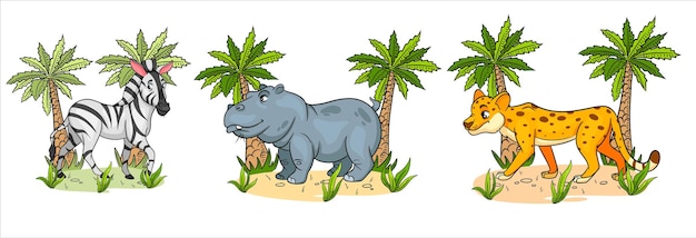 African animals. Funny characters animals zebra, hippo, cheetah with palms in cartoon style. Children's illustration. Vector collection.