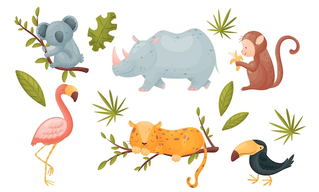 Vector african animals with horned rhino and koala sitting on tree branch vector set