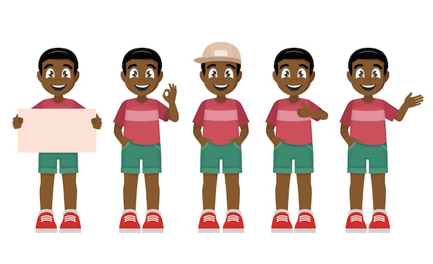 African Boy in casual clothes standing with different gestures set