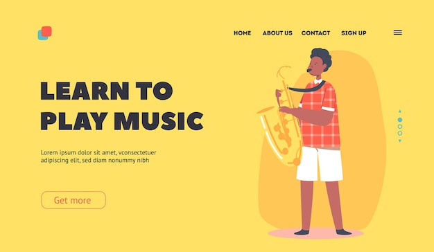 African Boy Playing Saxophone Landing Page Template Child Perform Concert Blow Musician Composition