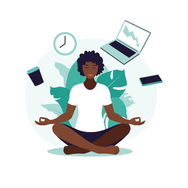 African business woman practicing meditation and yoga with office icons