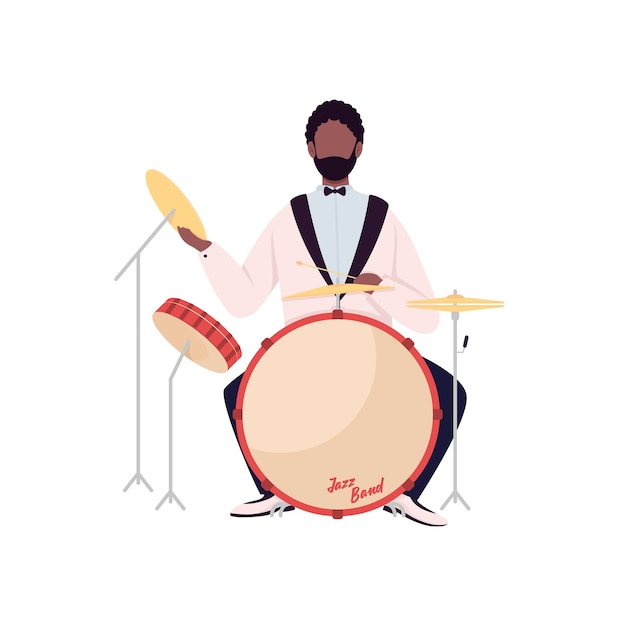 African drummer flat color faceless character. Jazz band musician. Acoustic music performance. Man play on drum set isolated cartoon illustration for web graphic design and animation