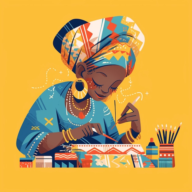 Vector african elderly woman crafting with beads