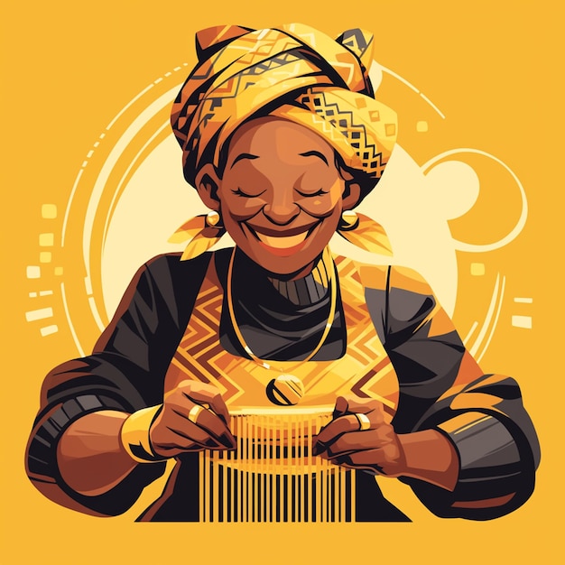 Vector african elderly woman weaving cloth