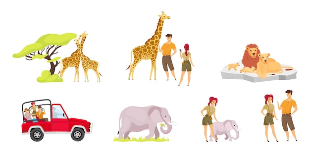 African expedition flat set. Pair of giraffes near tree. Tourist group in car.