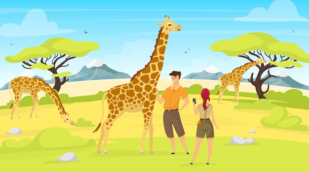 African expedition   illustration. Giraffes in savannah. Woman and man tourist observe south creatures. Green savanna field with trees. Animals and people cartoon characters