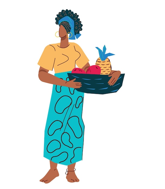 African farmer village woman with harvest of fruits flat vector isolated