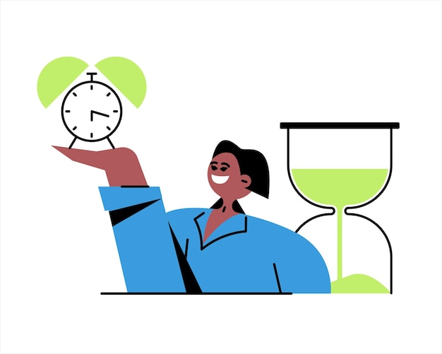 African female holding clock and standing near hourglass doing work on time Successfully time management concept Young people planning time when doing different tasks Vector flat illustration