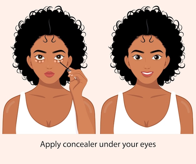 African girl applying concealer under her eyes before and after skincare make up concept