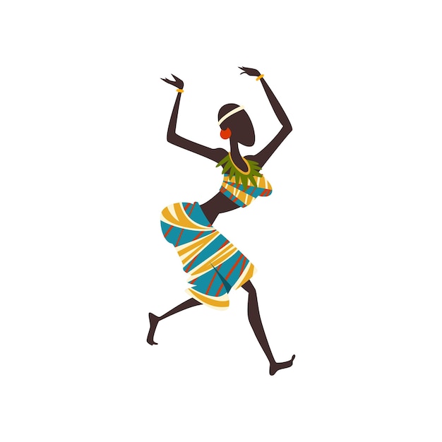 African Girl Dancing Folk or Ritual Dance Woman Aboriginal Dancer in Traditional Ethnic Clothing Vector Illustration on White Background