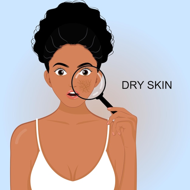 Vector african girl holding a magnifying glass with skin problems dry skin skincare facial treatment beauty