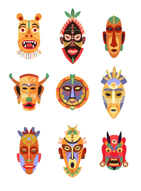 African or Hawaiian ritual masks flat icon collection