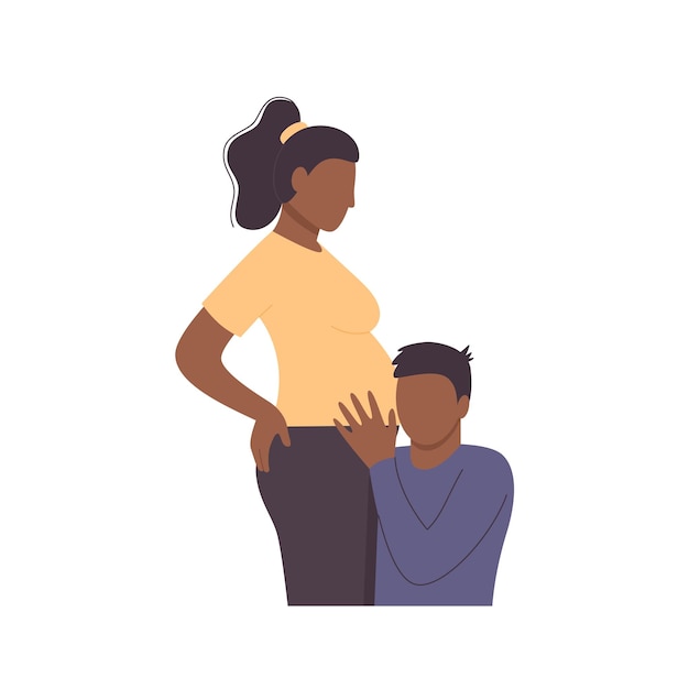 African husband touching his pregnant wife belly expecting baby listening to the baby's heartbeat