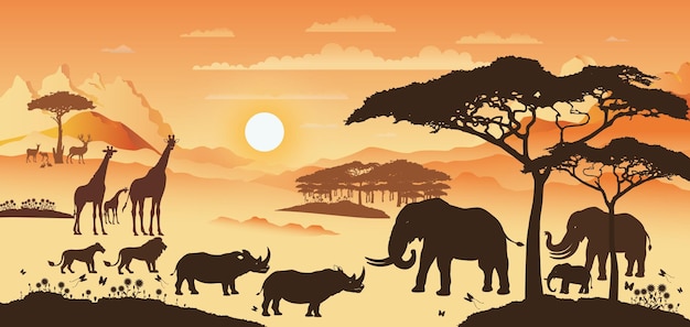 African illustration landscape with silhouettes of animal wildlife at sunset or sunset