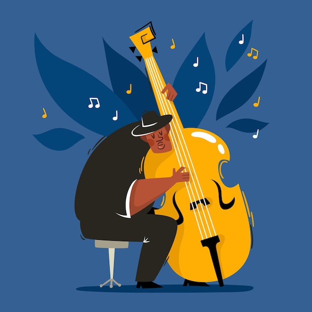 African male musician in black costume holding contrabass, cartoon