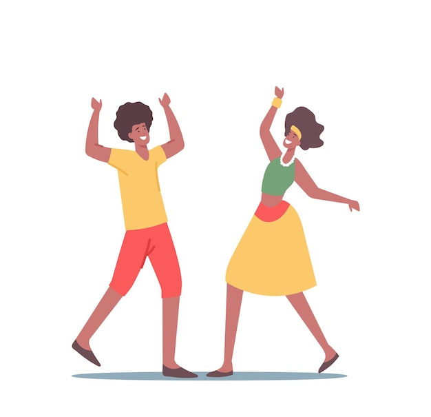 African Man and Woman in Traditional Jamaica Costumes Having Fun, Dancing during Reggae Party. Rastaman or Hipster Characters, Rastafarian People Recreation Spare Time. Cartoon Vector Illustration