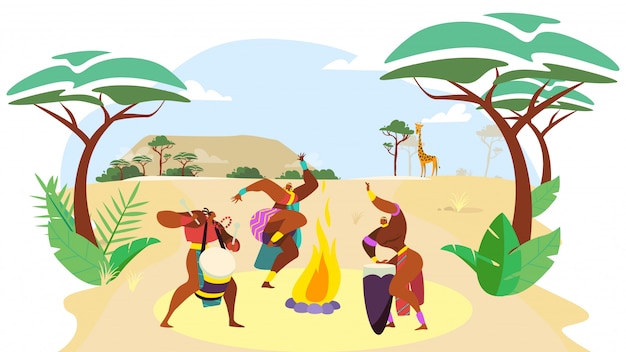 Vector african people dance, man and woman cartoon characters performing traditional culture ritual,  illustration