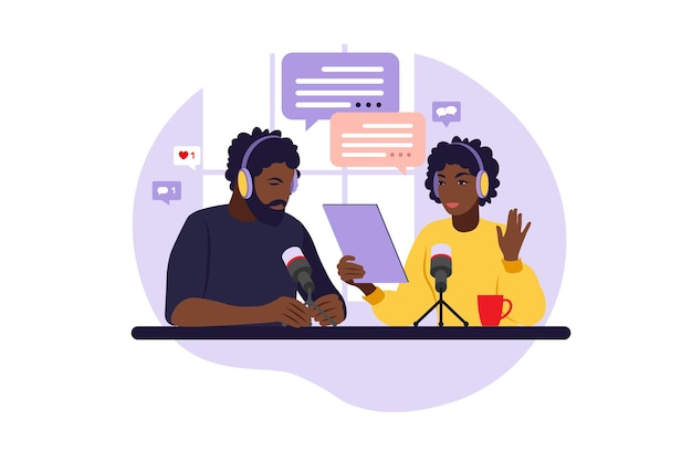 African people recording podcast in studio. Radio host with table flat vector illustration.