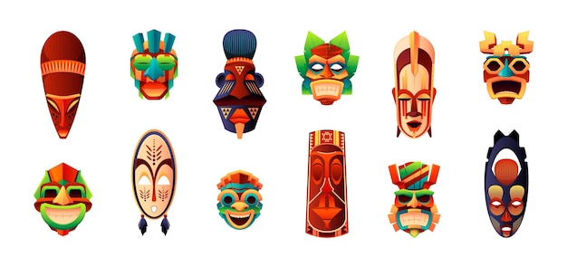 African ritual masks Traditional ceremonial tribal human face shaped totems indigenous folk decorative zoomorphic muzzle cartoon style Vector flat set