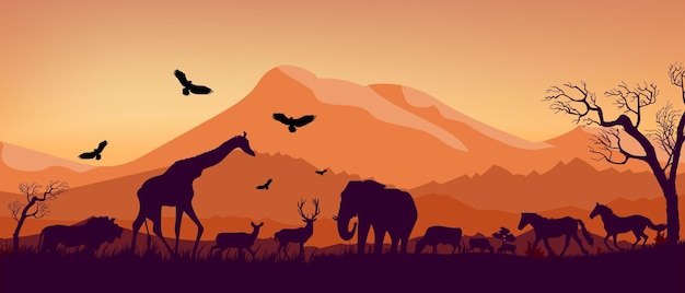 An African safari animal silhouette with hill mountain landscape scene on background vector