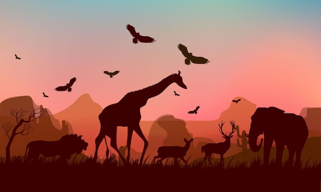 Vector an african safari animal silhouette with hill mountain landscape scene on background vector