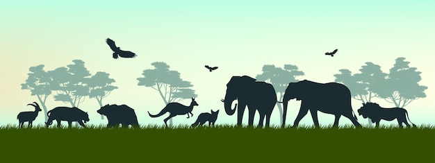 Vector an african safari animal silhouette with hill mountain landscape scene on background vector