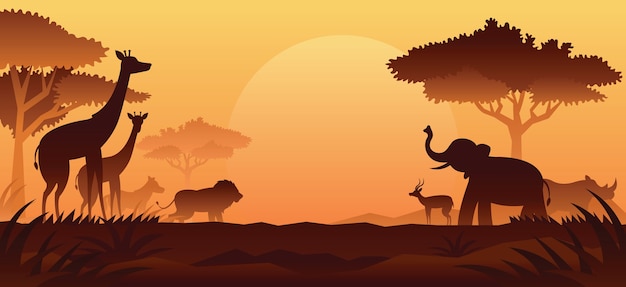 African Safari Animals Silhouette Background, Sunset or Sunrise