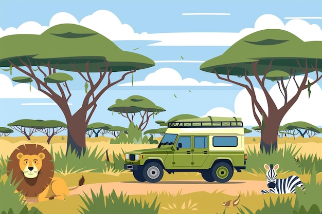 African safari scene with wildlife illustration