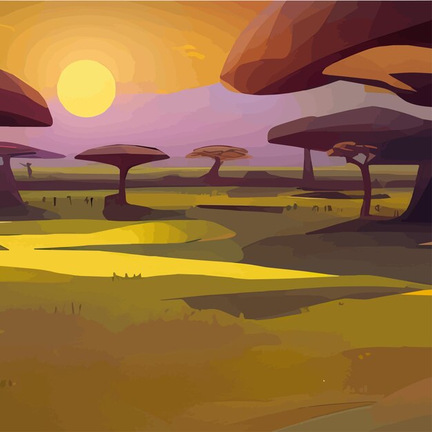 Vector african savanna landscape african wildlife cartoon with green trees rocks and simple pasture field