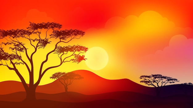 African savanna landscape at Sunset or sunrise with trees and grass