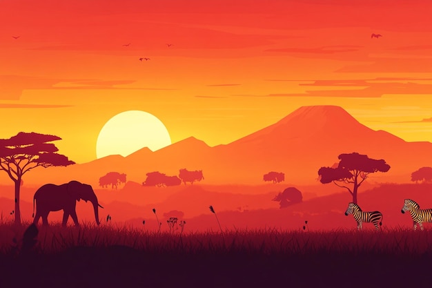 Vector african savannah sunset with animals