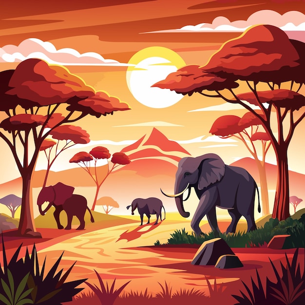 African Sunset Landscape with Elephants