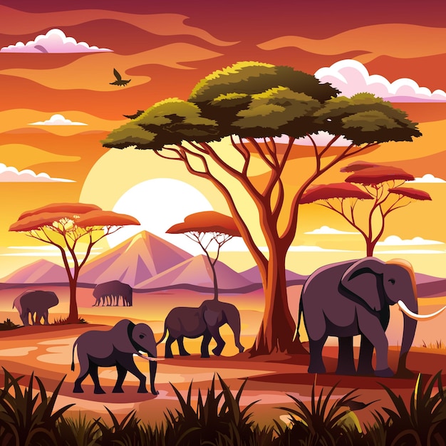 African Sunset Landscape with Elephants