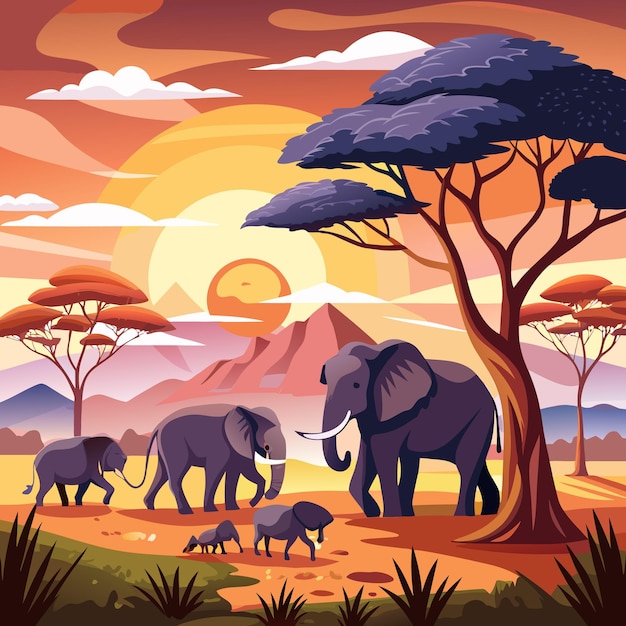 African Sunset Landscape with Elephants