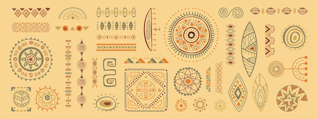 African tribal ethnic geometric elements Maya style doodles tattoo hand drawn circle aztec symbols Border motifs traditional classy folk vector collection of maya ornament african illustration