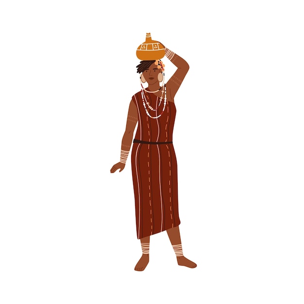 African tribal woman carrying vase or pitcher on head. Young female member of aboriginal tribe wearing ethnic clothes and accessories. Colorful flat vector illustration isolated on white background.