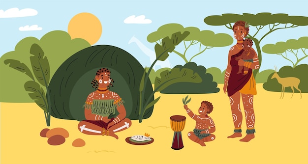 Vector african tribe people cartoon aborigines happy parents and children ethnic traditional clothes or tattoos indigenous woman in hut kid in loincloth plays with drum garish vector concept