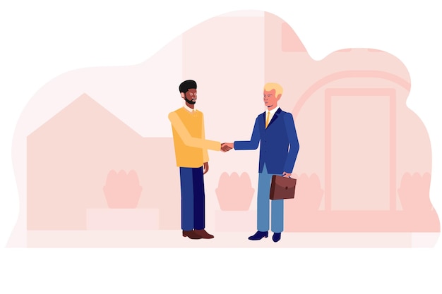 African and white men shake hands in the background of a city street. Business deal. Vector illustration