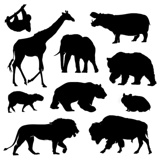 African wild animals silhouettes set. wild animal Shape shadow isolated on white background.