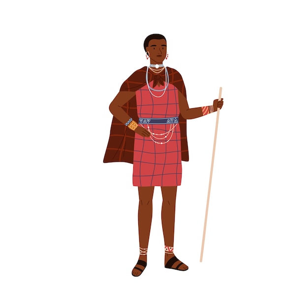 African woman of aboriginal tribe holding stick and wearing traditional ethnic dress and tribal accessories like necklaces and bracelets. Colored flat vector illustration isolated on white background.