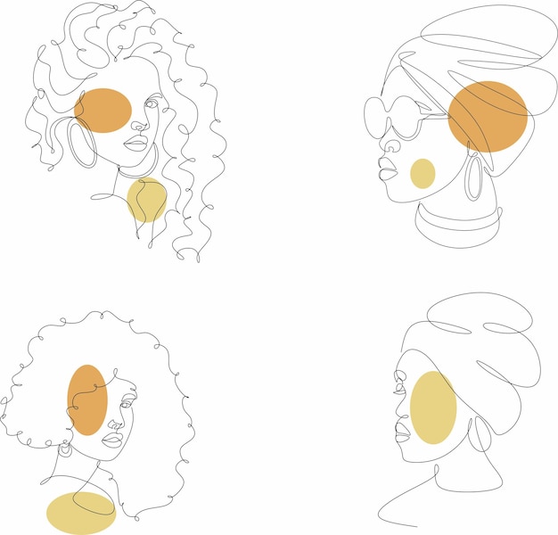 Vector african woman face line drawing curly hair linear minimalistic