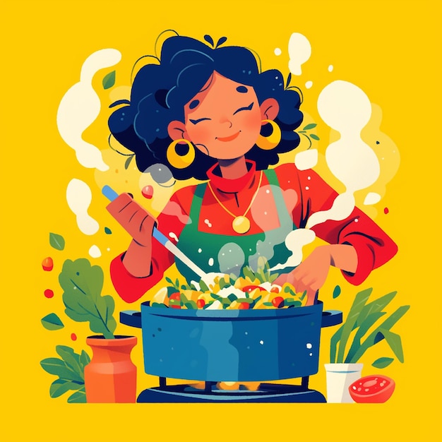 Vector african woman in her 40s cooking dinner at home