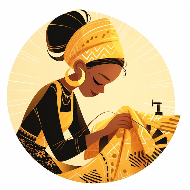 Vector african woman in her 50s sewing a quilt