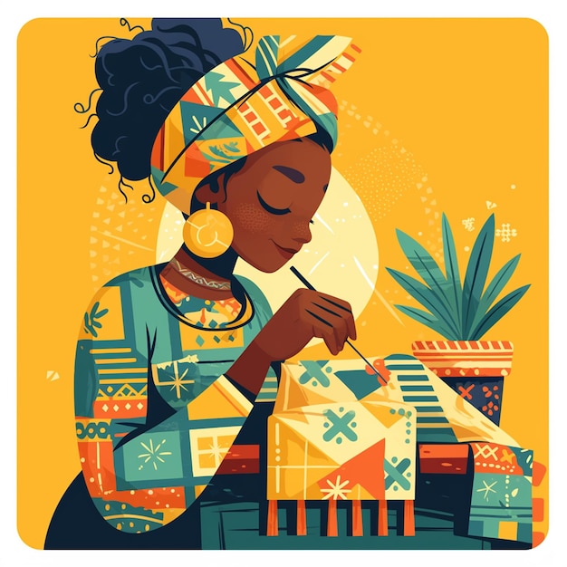 Vector african woman in her 50s sewing a quilt