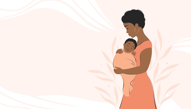 African woman holding baby in her arms. Banner about pregnancy and breastfeeding